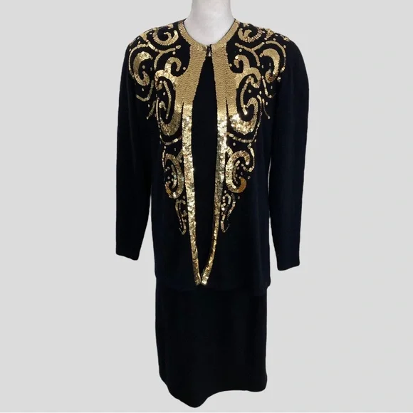 Vintage | Dresses | Vintage Black Gold Sequin Comfy Soft Cardigan And Dress  Set | Poshmark